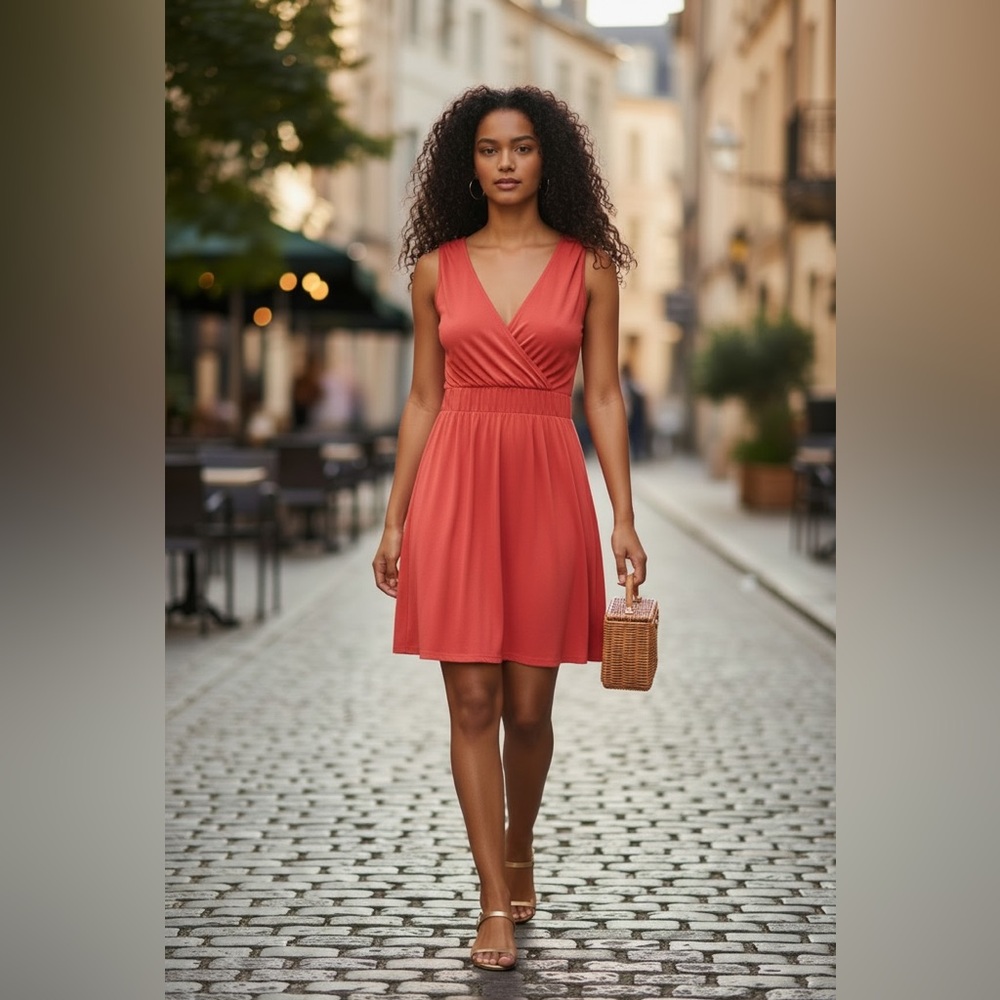 ELLE ORANGE SOLID V-NECK SLEEVELESS KNEE LENGTH DRESS